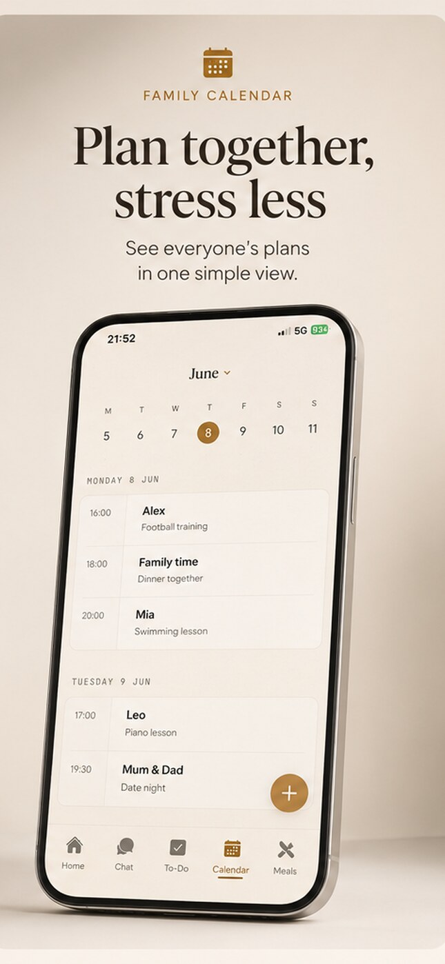 Roost family calendar on iPhone — everyone's plans for the week in one simple view.