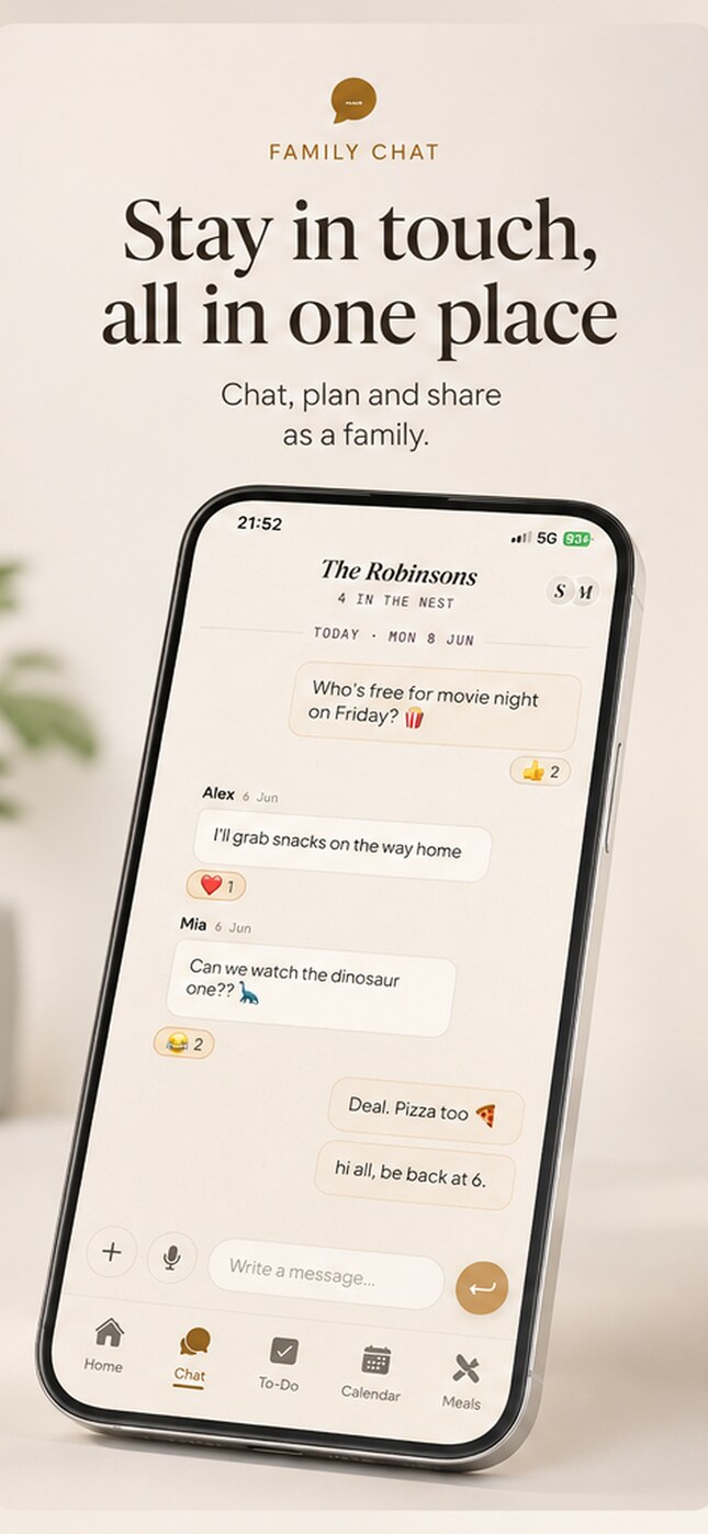 Roost family chat on iPhone — one shared thread with photos, reactions and voice notes.
