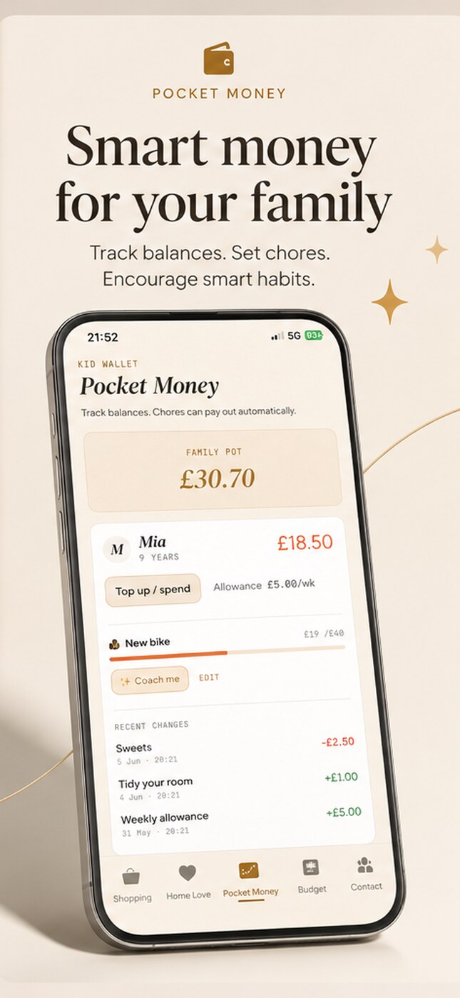 Roost pocket money on iPhone — per-kid wallets, allowances and chore payouts.